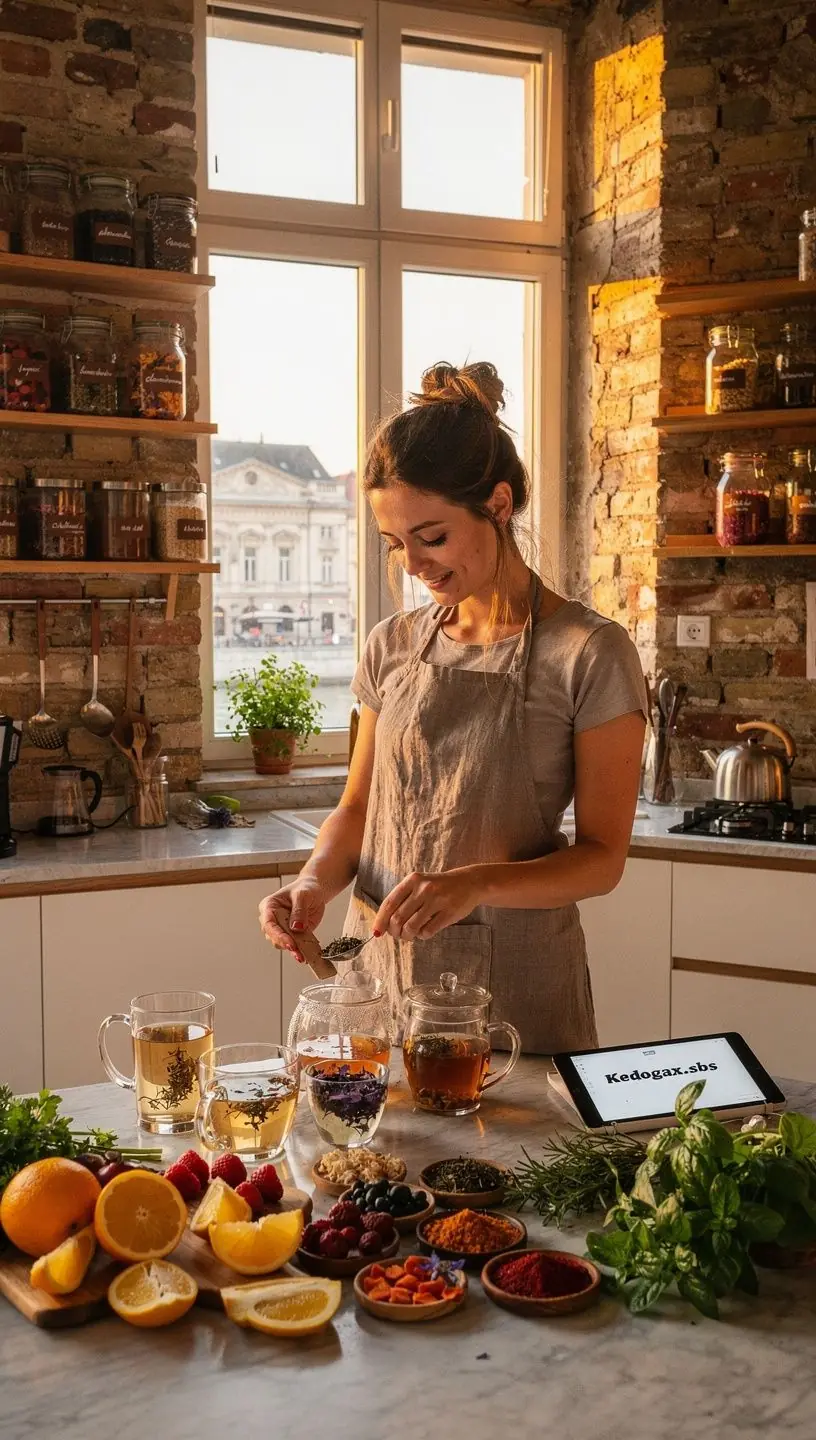 Zöld tea levelek és szárított gyümölcsök, amelyek ízletes keveréket alkotnak.